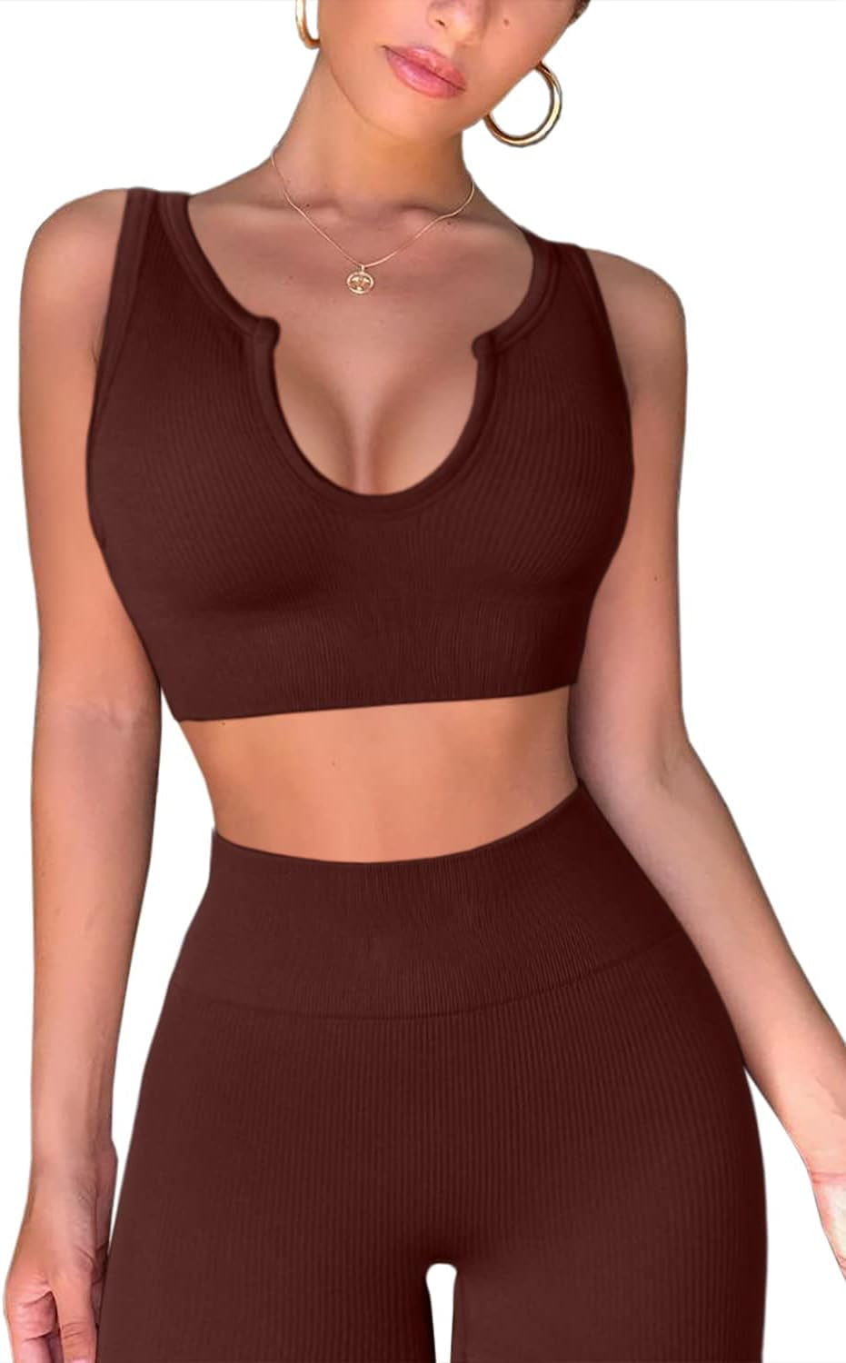 Workout Outfits for Women 2 Piece Ribbed Seamless Crop Tank High Waist Yoga Leggings Sets